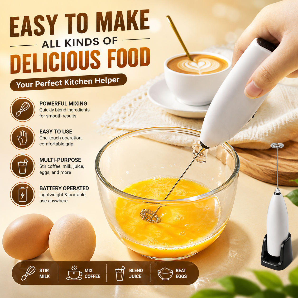 Premium White Electric Milk Frother & Egg Beater Stainless Steel Coffee & Tea Blender for Home Kitchen
