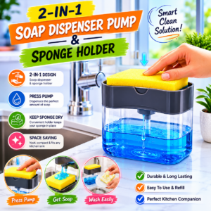 Ultimate Kitchen Soap Dispenser with Sponge Holder Push Down Liquid Detergent Dispenser for Dish Washing and Kitchen Cleaning