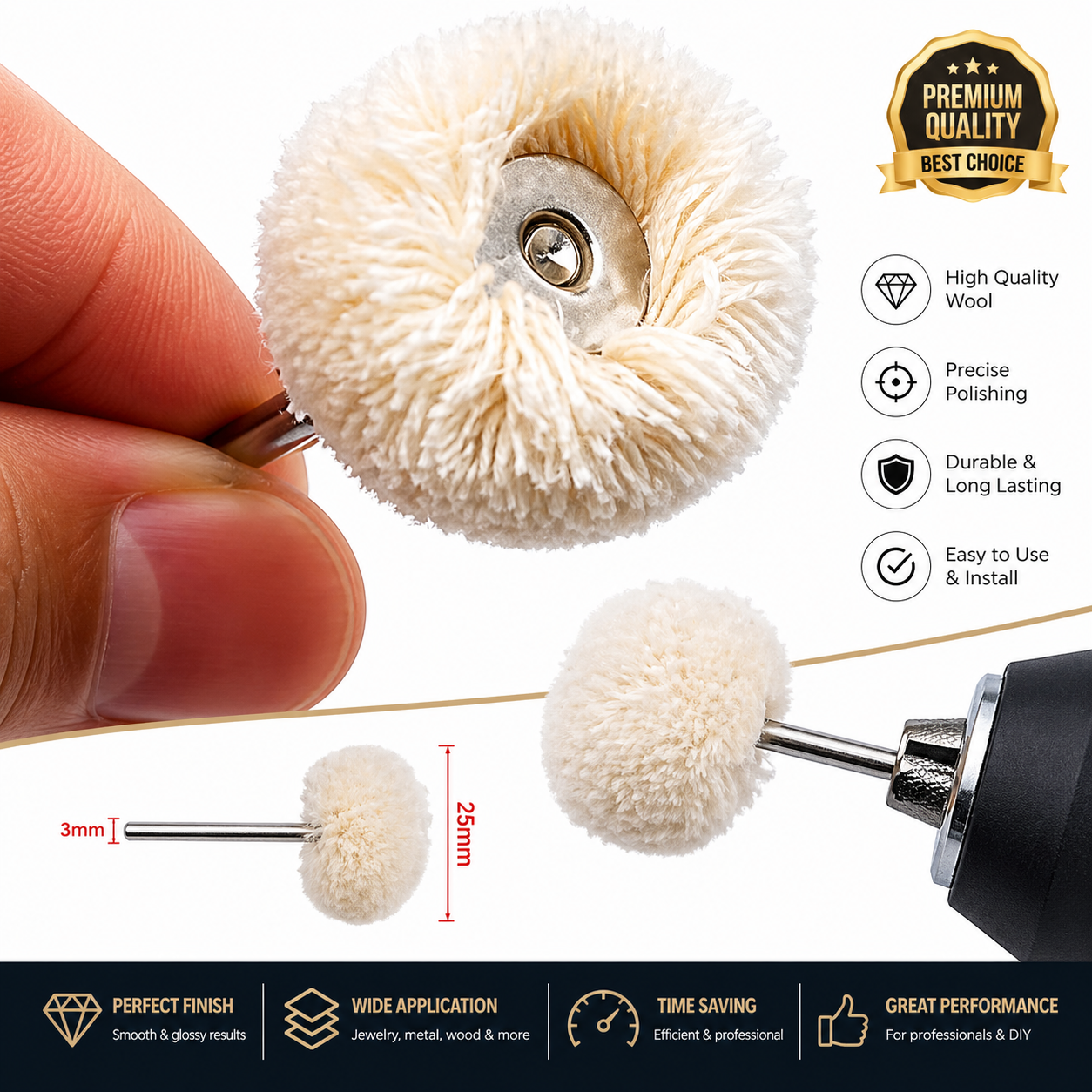 3.0mm Wool Polishing Wheel with Handle Amber Grinding Head for Jewelry Polishing, Wire Finishing & Precision Buffing Tool