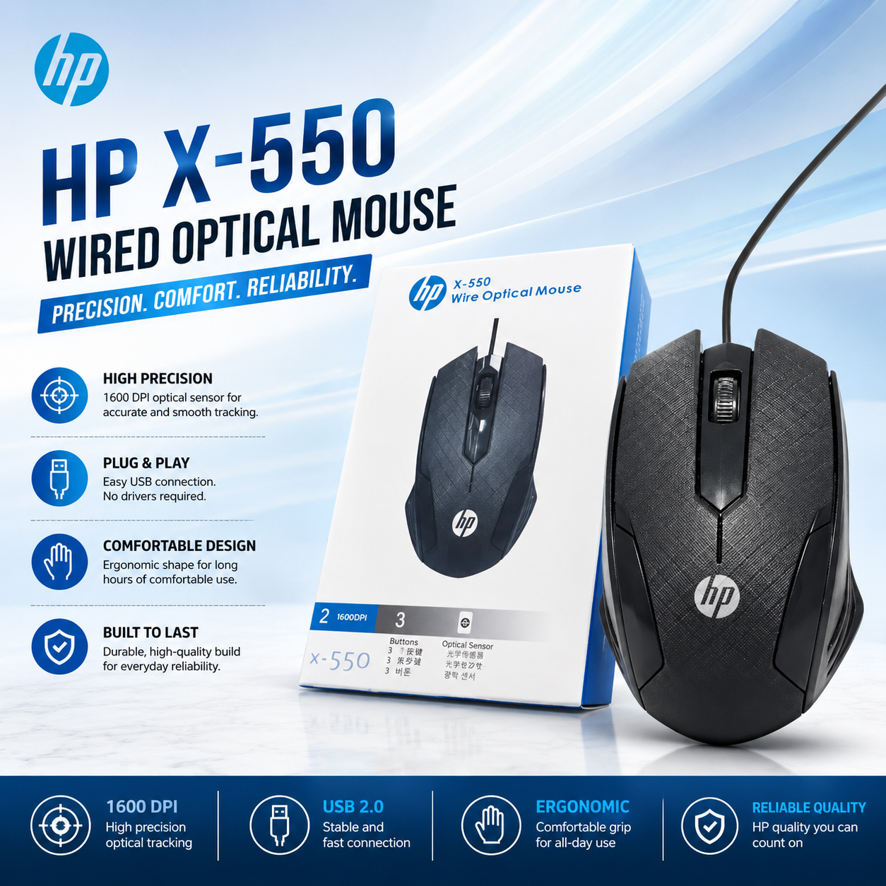 HP X-550 X7 Wired Optical Mouse 1600 DPI High Precision USB Mouse for Laptop & Computer (Black)