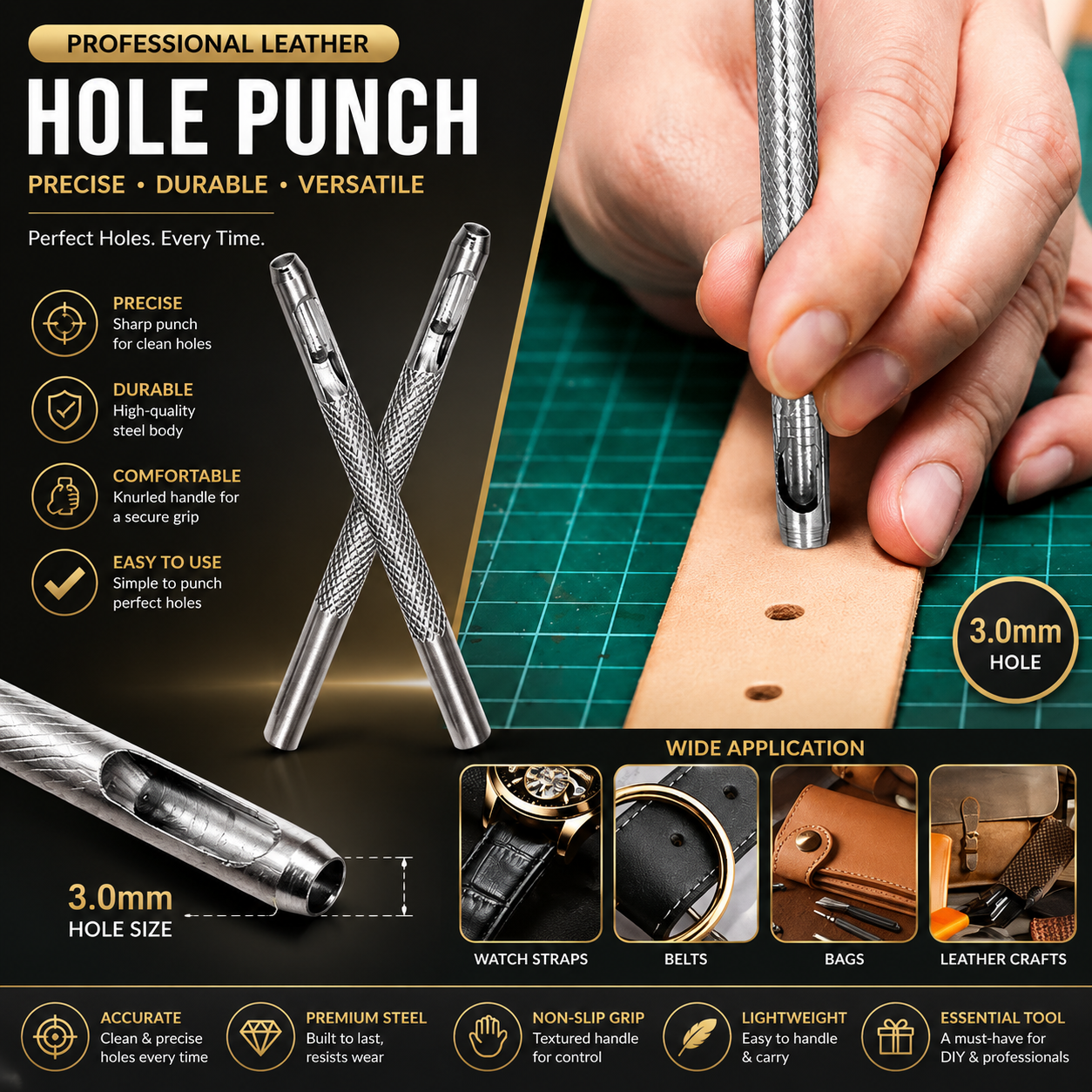 Ultimate 3mm Round Leather Shape Hole Punch Kit Belt Hollow DIY Punch Set Metal Cutter Tool