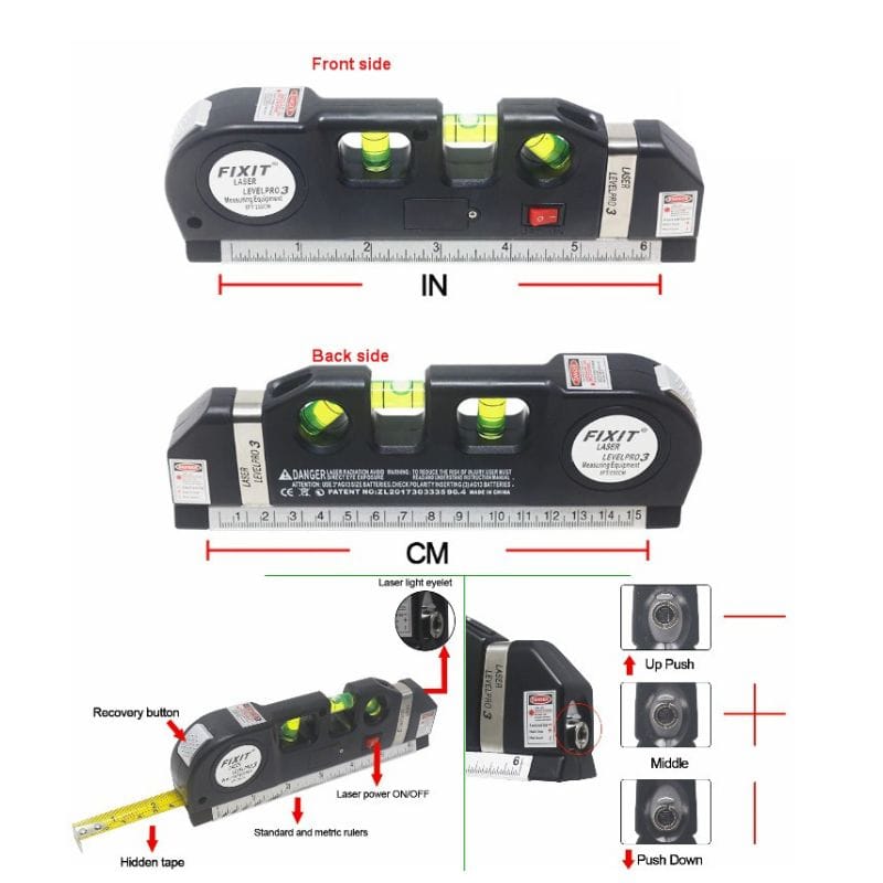 Ultimate Fixit Laser Level Pro 3 4in1 Multi-Purpose Measuring Tool With 8 Feet Tape