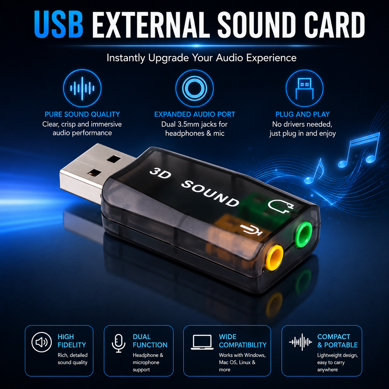 Ultimate External 3D USB Sound Card 5.1 Channel Audio Card Adapter 3.5mm Speaker Micropho