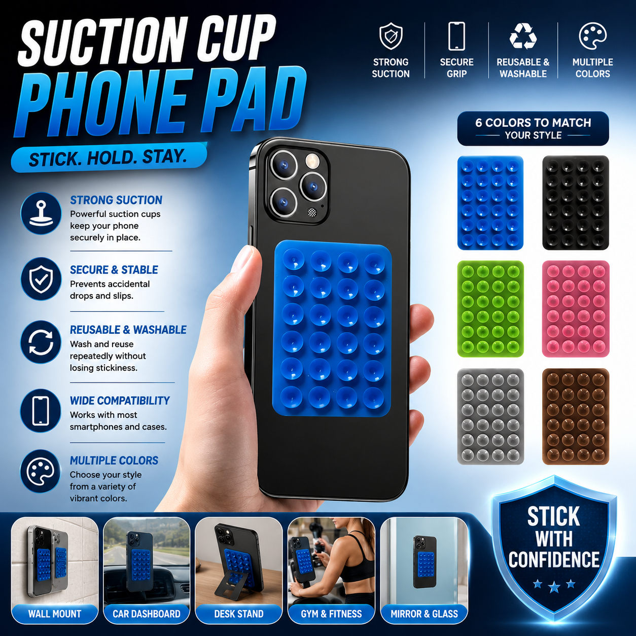 Smart Suction Cup Phone Holder Case Multifunctional Silicone Anti Slip Wall Mount Stand, Square Leather Grip for Hands Free Use