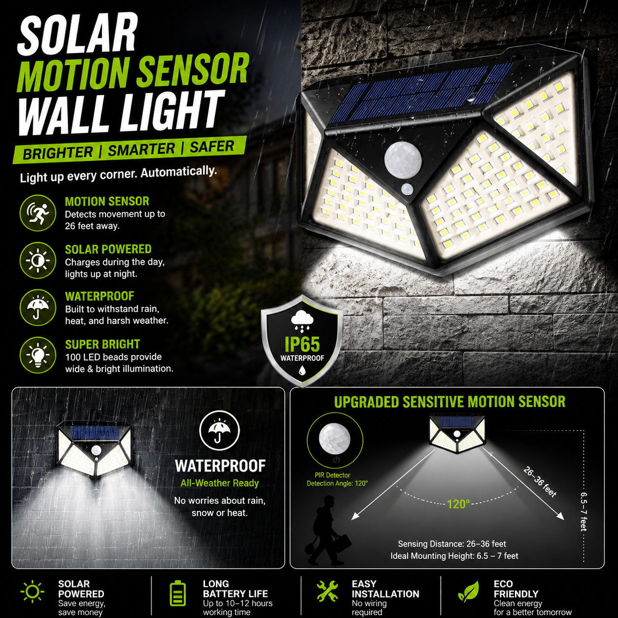 Ultimate 100 LED 4 Surface Solar Light 3 Modes 120 Degree PIR Motion Sensor Outdoor Water